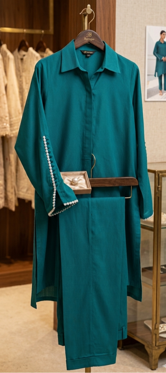 Baroque Teal Dobby Set – Exquisite Embroidery & Modern Silhouette