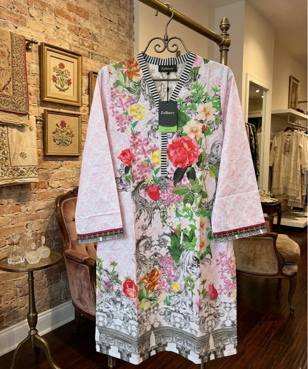 Zellbury Floral Print V-Neck Kurta - Elegant Pink Summer Tunic