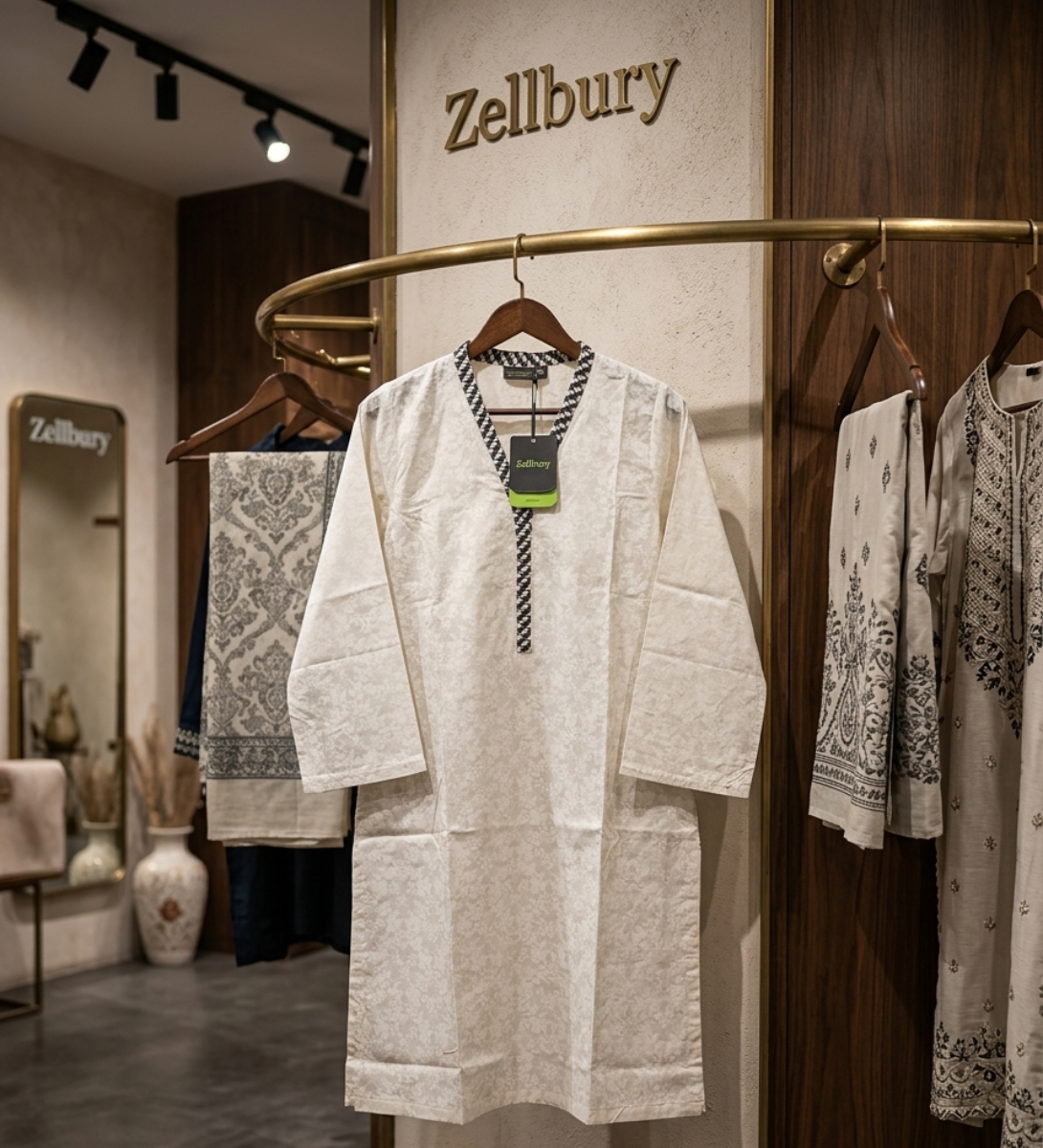 Zellbury White Jacquard Embroidered Kurta