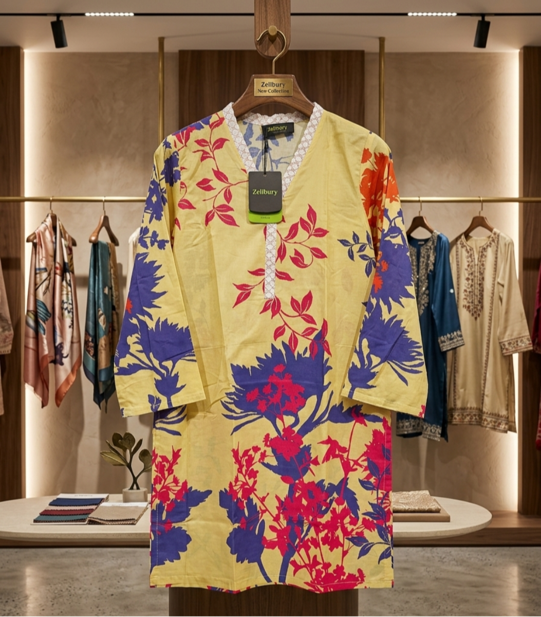 Zellbury Floral Print Cotton Kurta – Vibrant Yellow & Purple