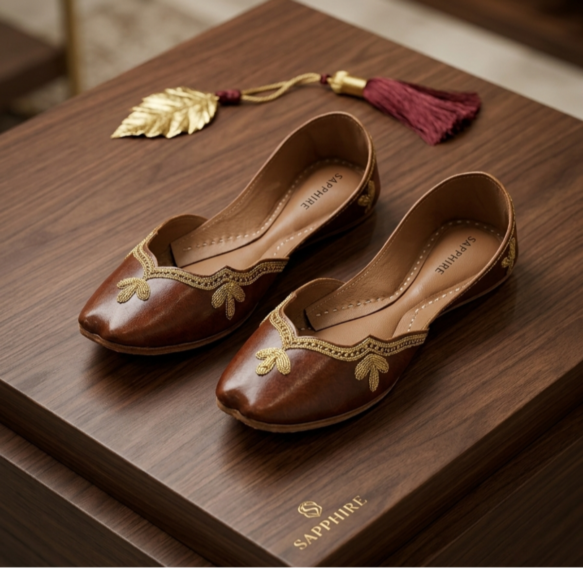 SAPPHIRE Women’s Handcrafted Leather Khussas – Golden Zari Embroidery