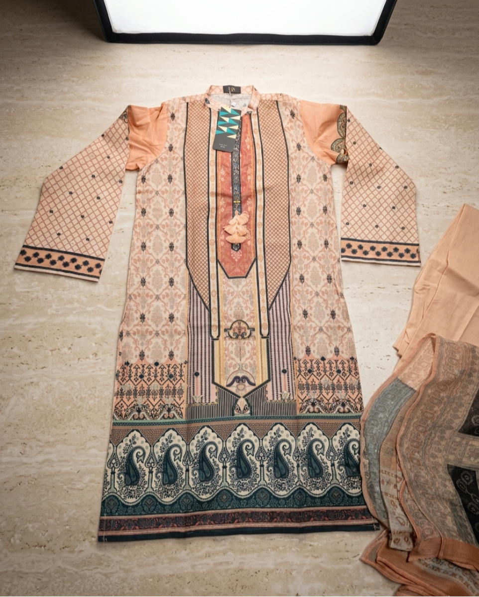 Peach Paisley Fusion: 3-Piece Printed Ethnic Suit