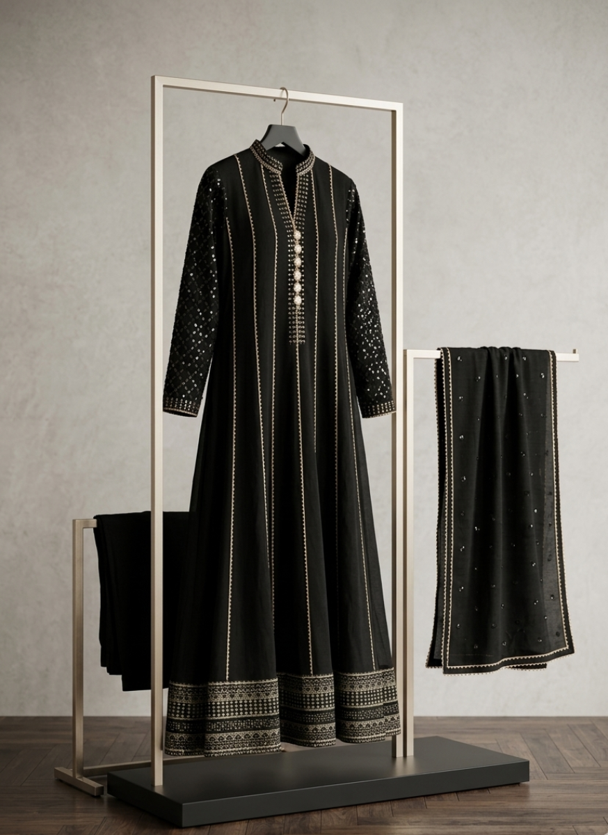 Midnight Gold Embroidered Anarkali Set