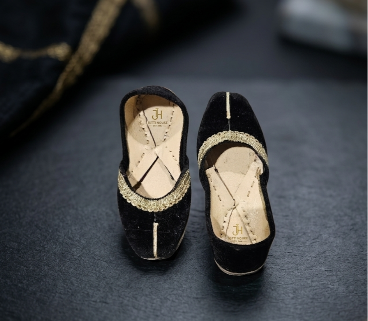 Royal Black Velvet & Gold Girls' Khussa