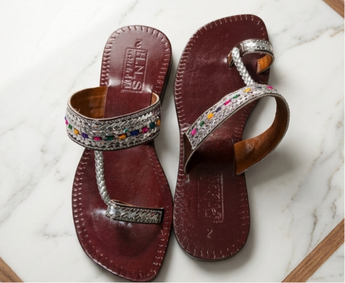 Traditional Silver-Braided Leather Chappals | Premium Comfort