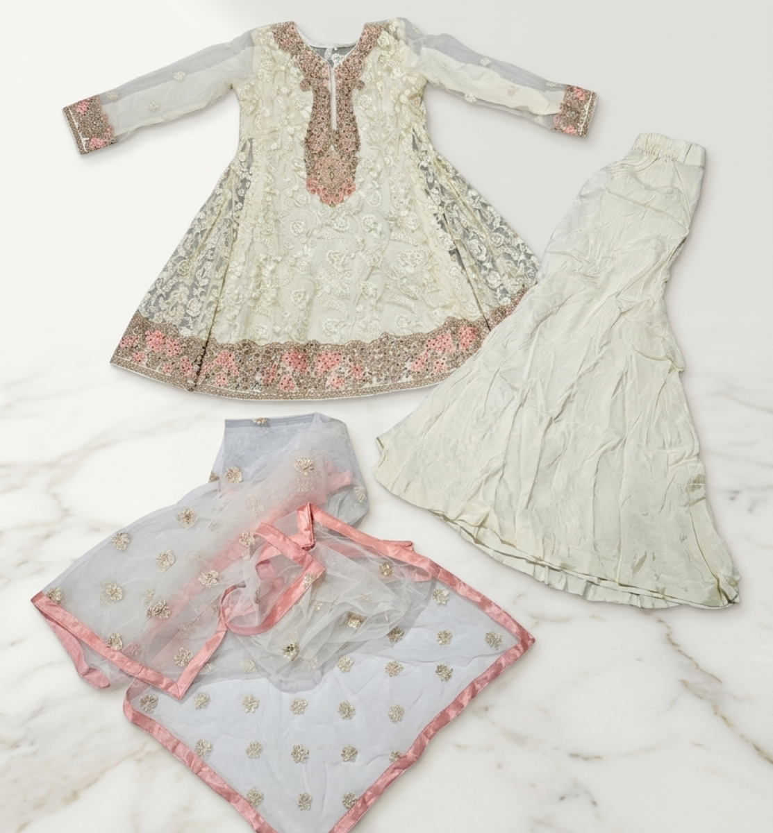 Embroidered Cream & Pink Organza Festive Suit
