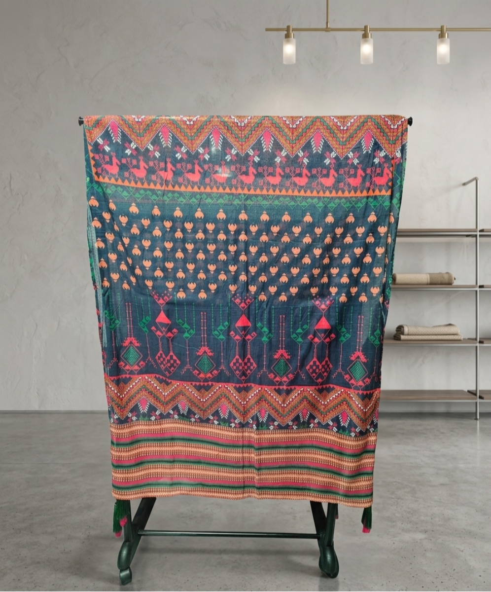 Sapphire Geometric Print Voile Dupatta – Traditional Ethnic Wrap with Tassels