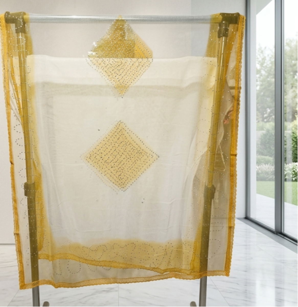 Gold Diamond Beaded Sheer Tulle Evening Wrap