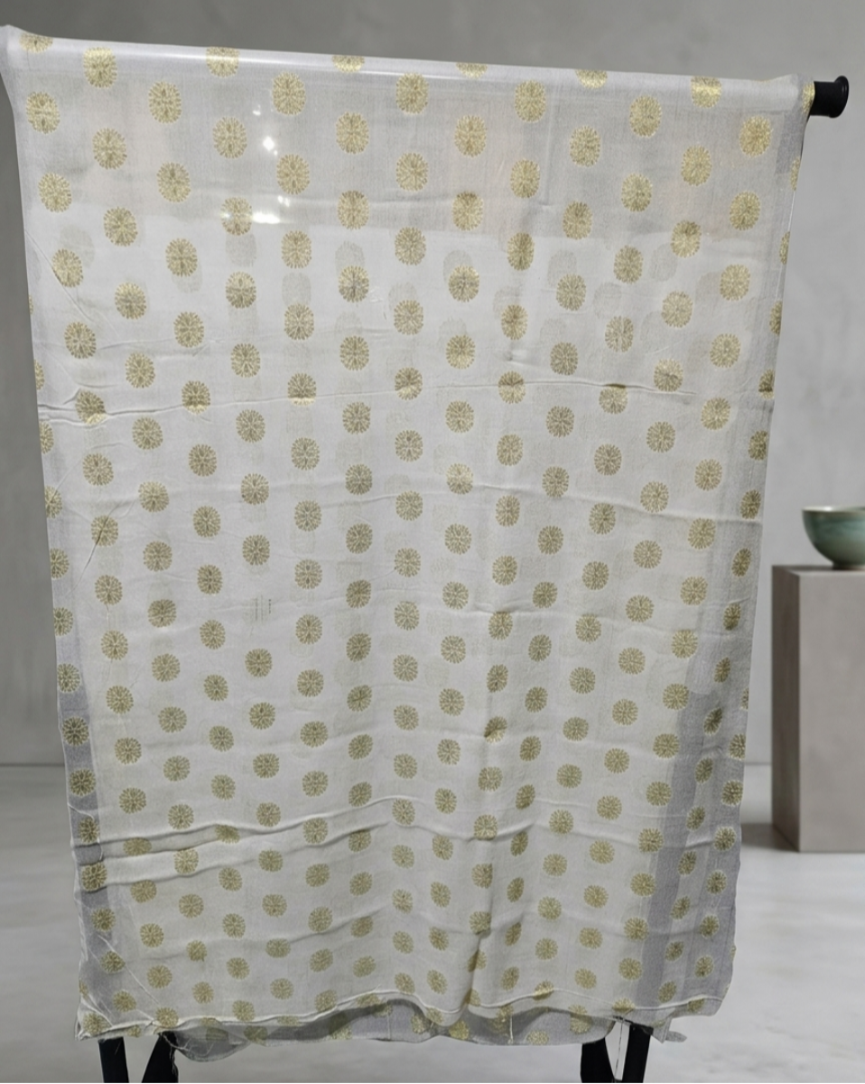 Elegant White & Gold Zari Motif Banarasi Dupatta