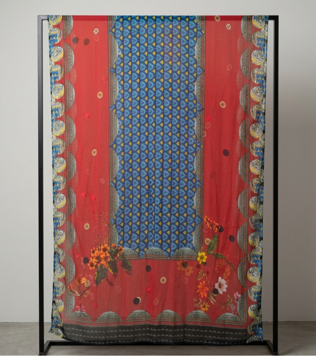 Sapphire Chiffon: Teal & Crimson Elegance
