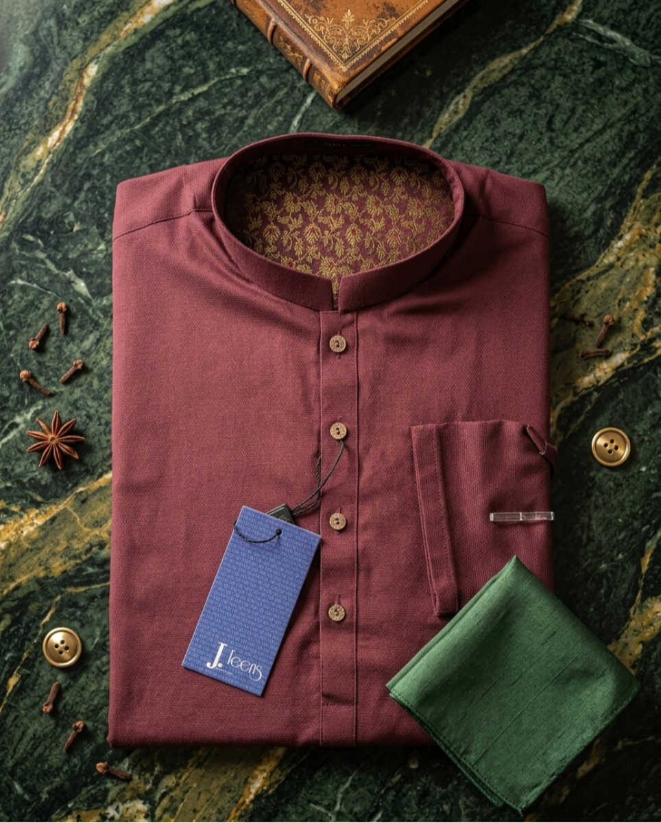 J. Teens Plum Textured Kurta – Royal Gold Detail