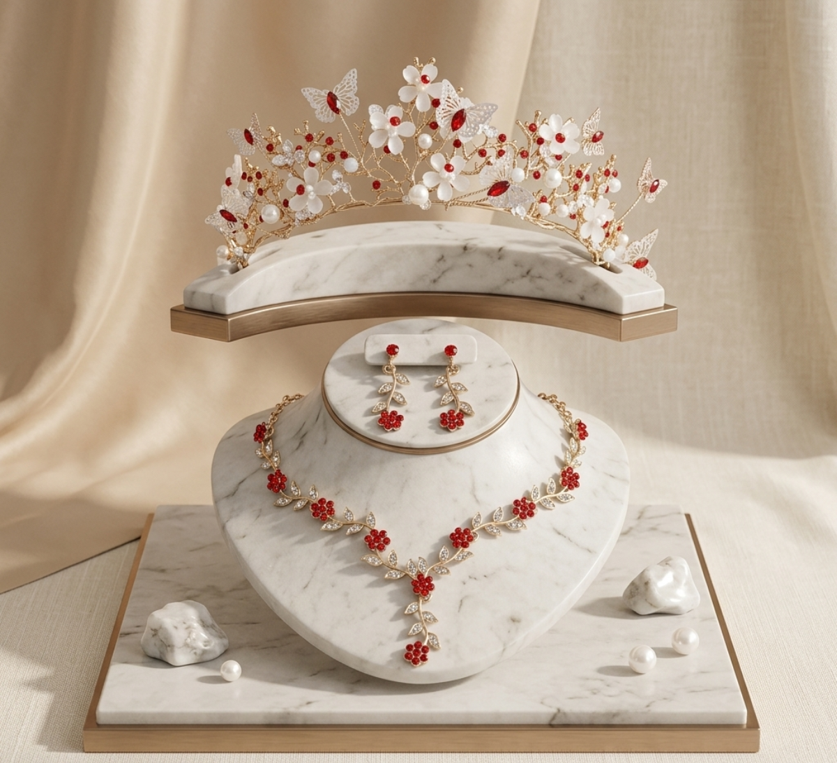 Red & Gold Butterfly Bridal Tiara Set: Vintage Crystal Crown, Necklace & Earrings