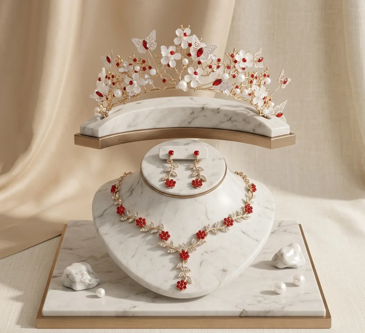 Red & Gold Butterfly Bridal Tiara Set: Vintage Crystal Crown, Necklace & Earrings