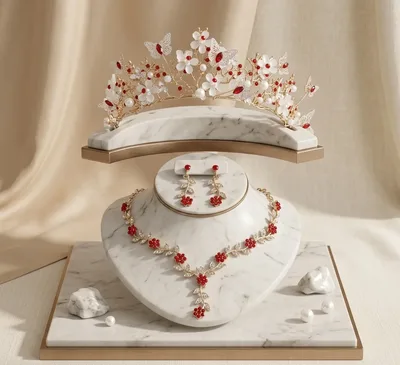 Red & Gold Butterfly Bridal Tiara Set: Vintage Crystal Crown, Necklace & Earrings