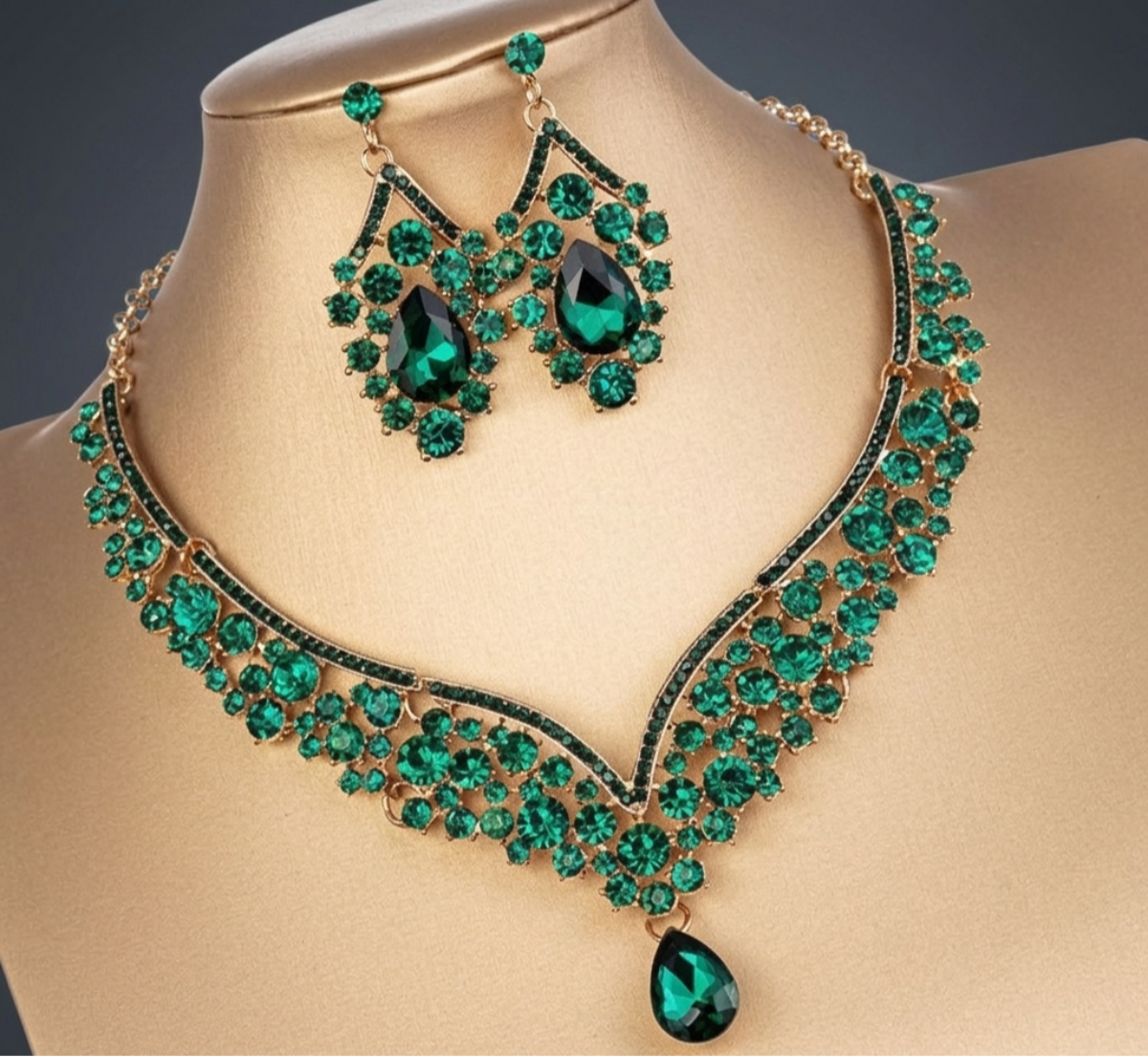 Royal Emerald & Gold Bridal Tiara Set - Luxury 3-Piece Wedding Jewelry