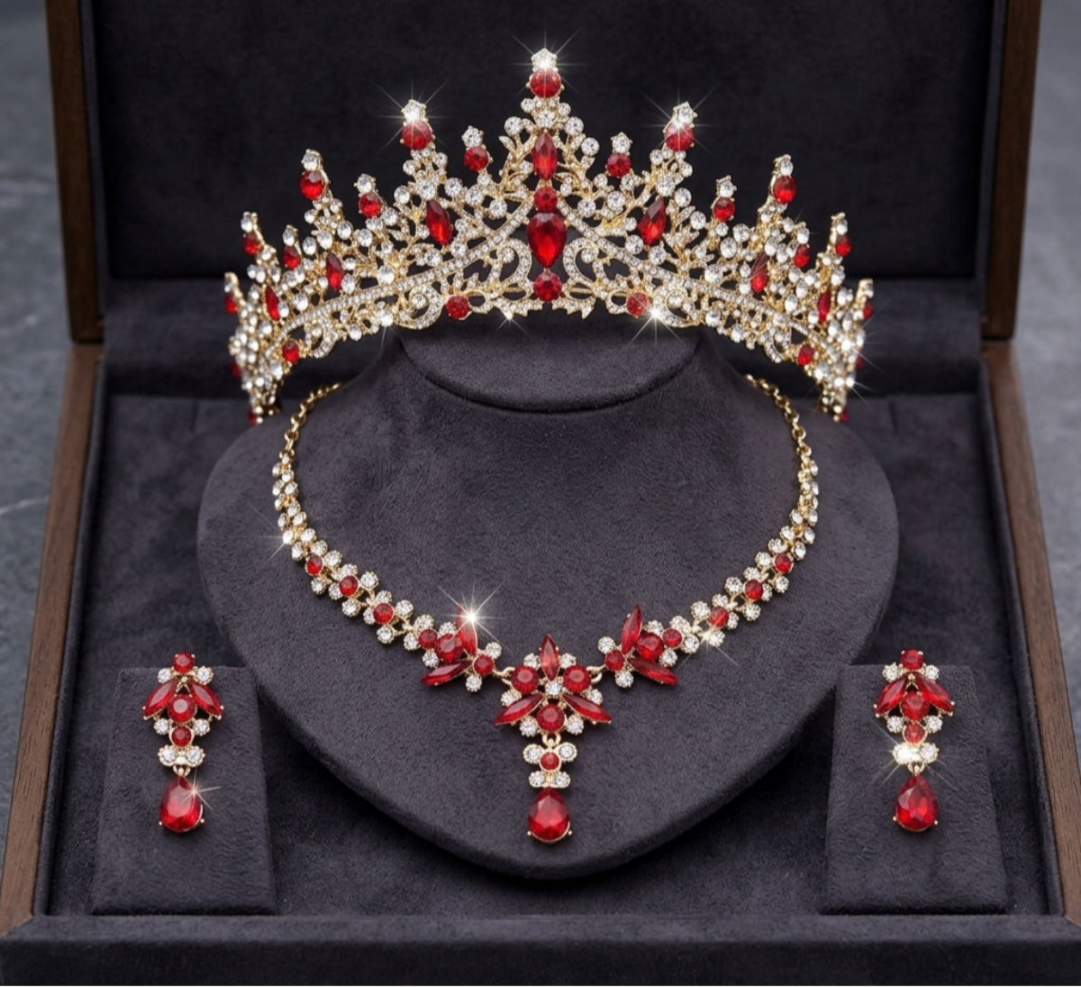Royal Red & Gold Bridal Set: 3-Piece Crown, Necklace & Earrings