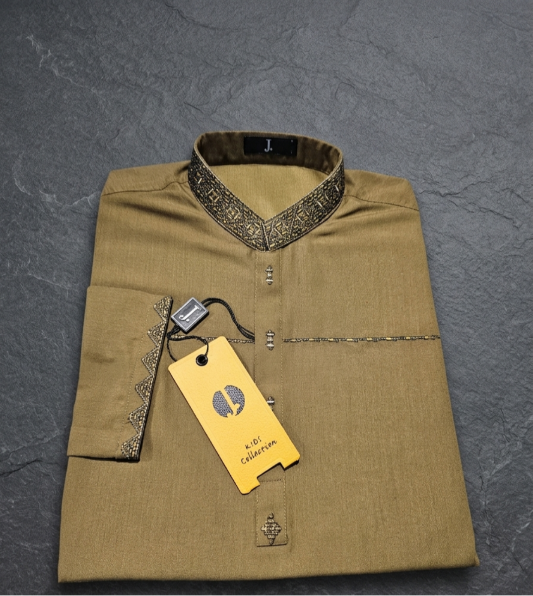 Premium Kids' Embroidered Kurta – Earth Green