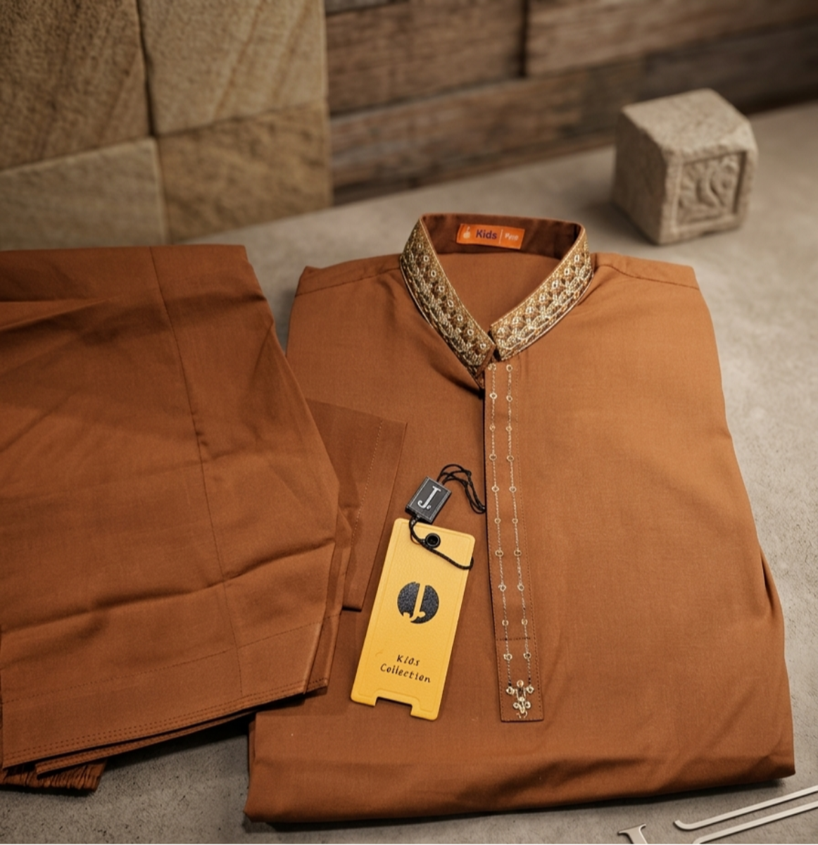 Kids' Luxury Embroidered Rust Kurta Set