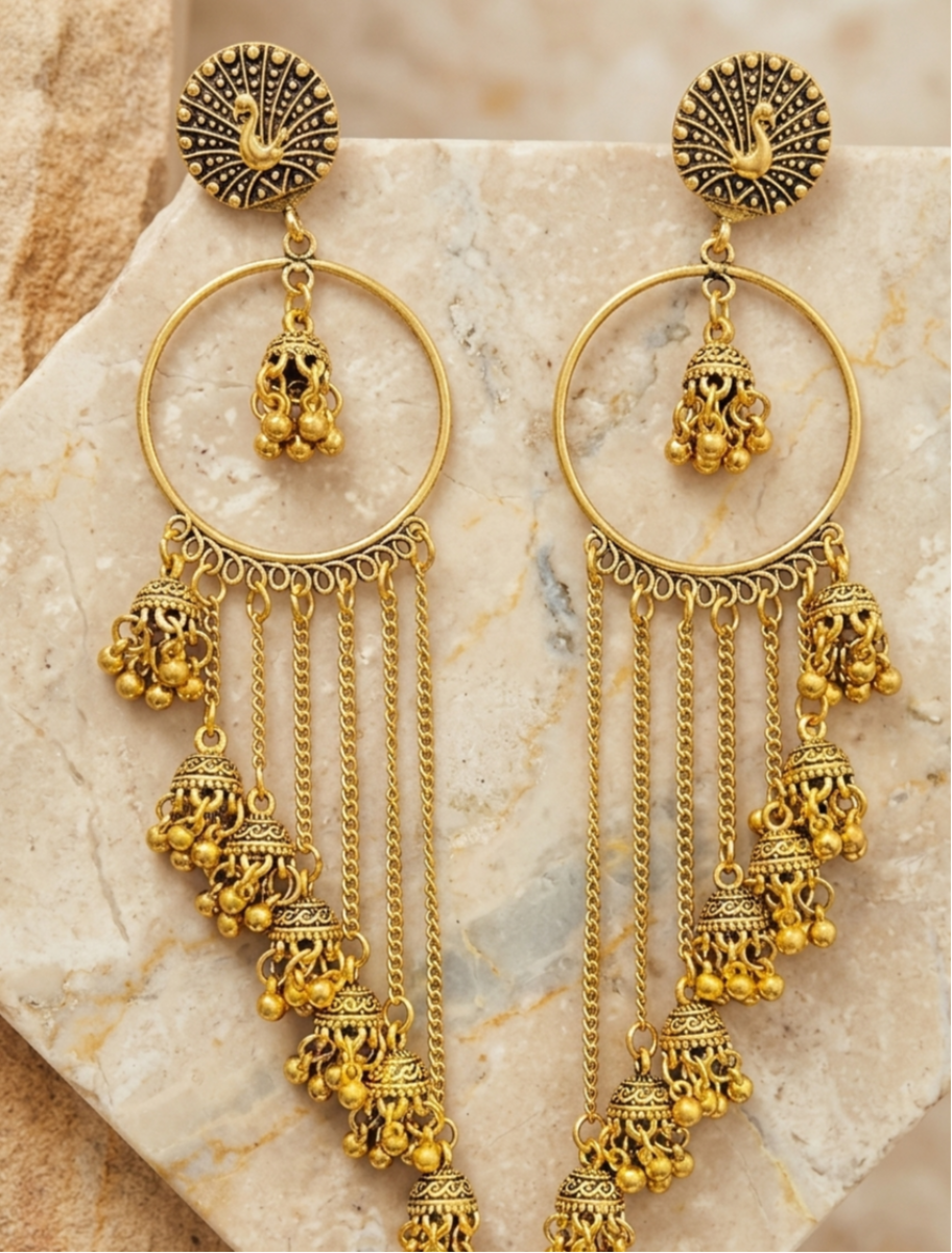 Golden Peacock Cascade Jhumkas