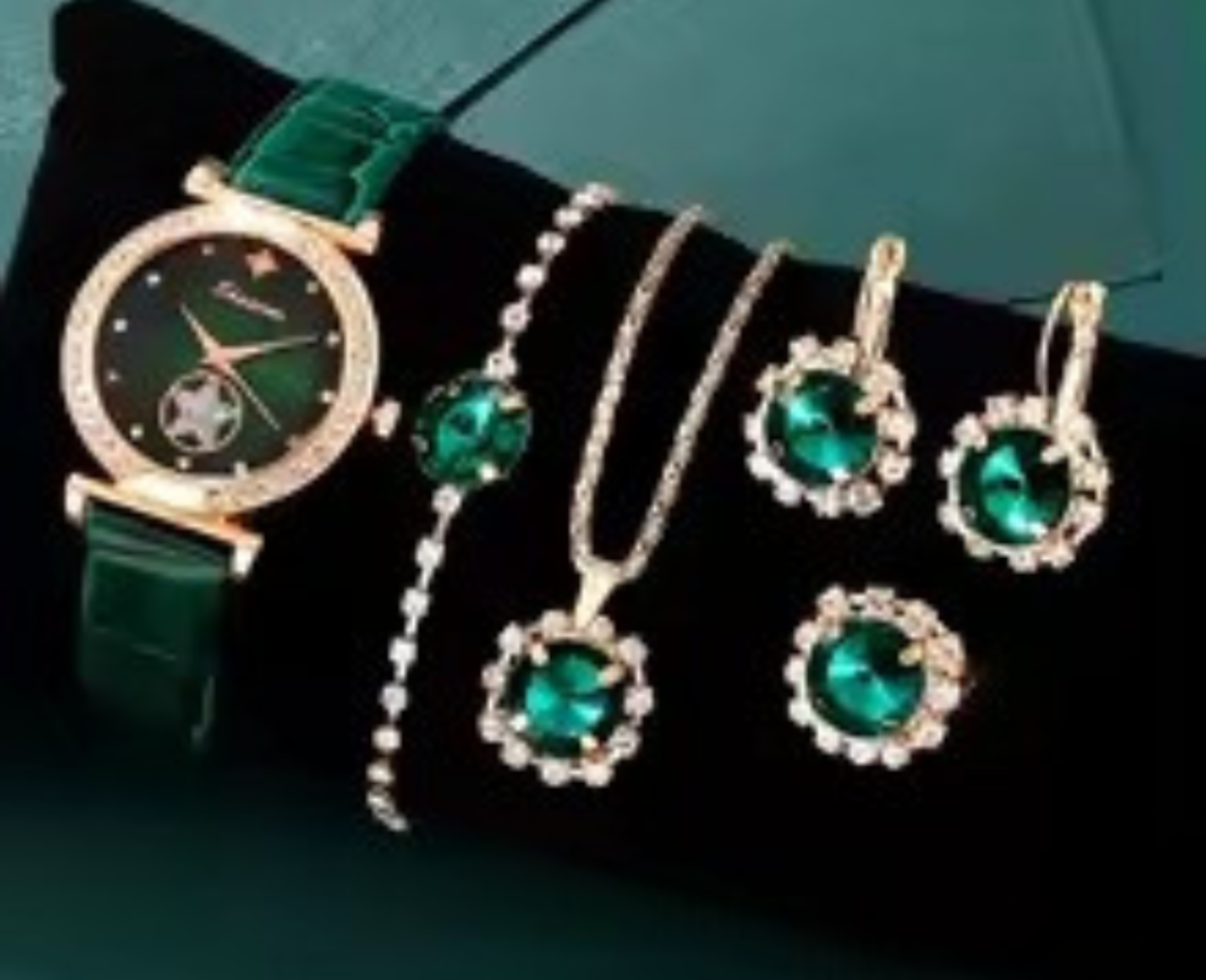 Luxury Emerald Green 5-Pc Watch & Jewelry Set