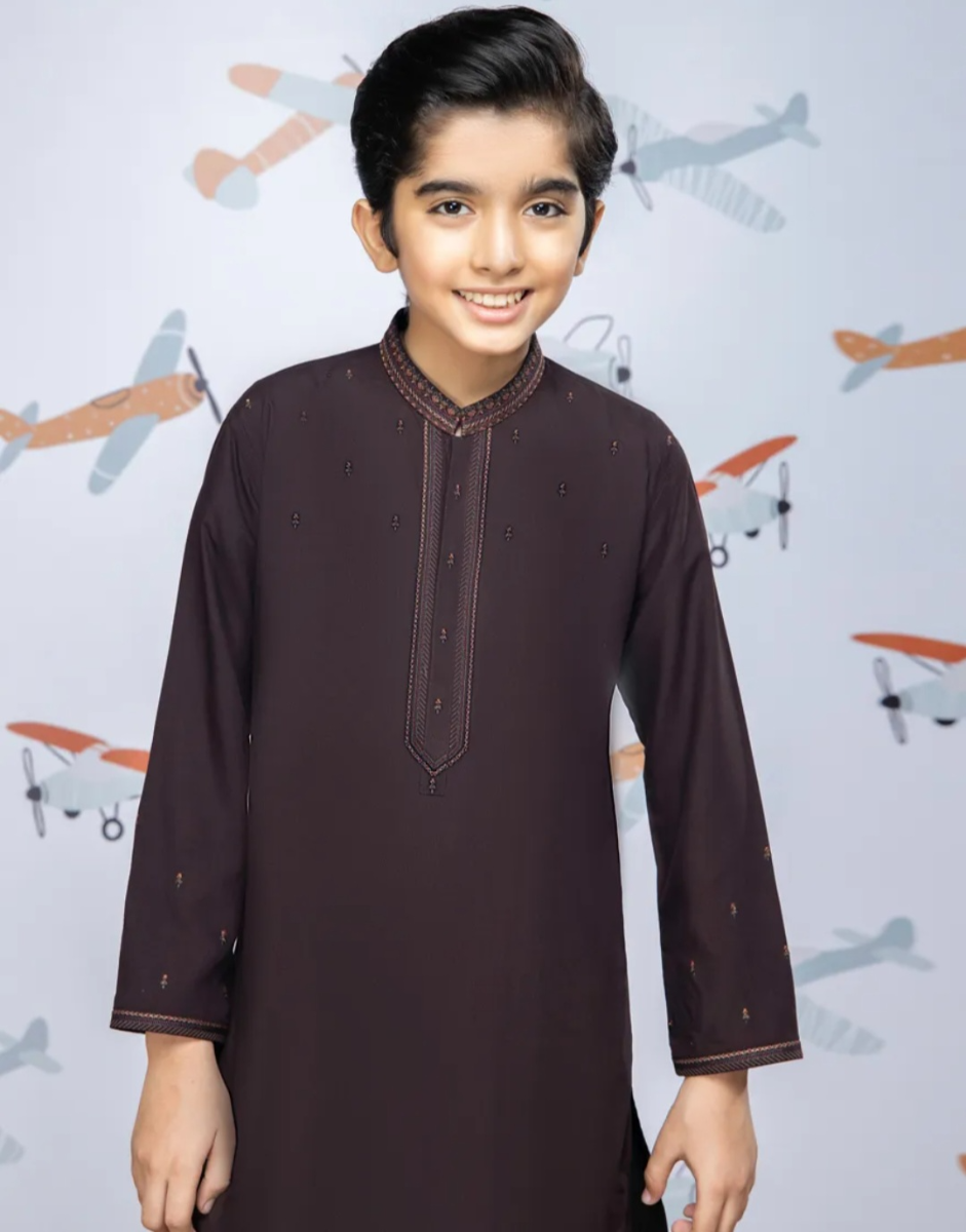 Boys Premium Brown Embroidered 2 Piece Traditional Kurta Set