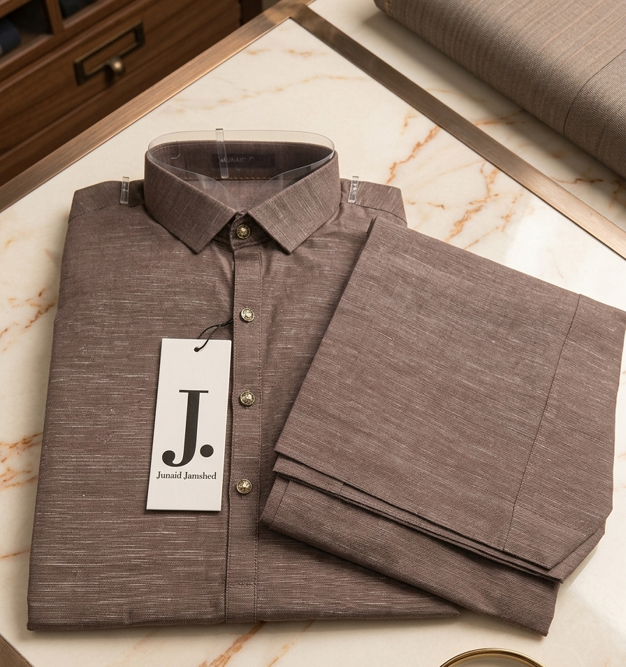 J. Men's Brown Textured Kurta Set