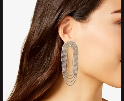 Gold Rhinestone Chain Loop Statement Earrings – Luxury Bold Party Glam
