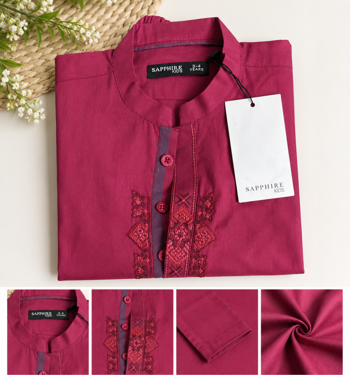 Sapphire Kids Maroon Embroidered Boys Traditional Kurta – 3-4 Years