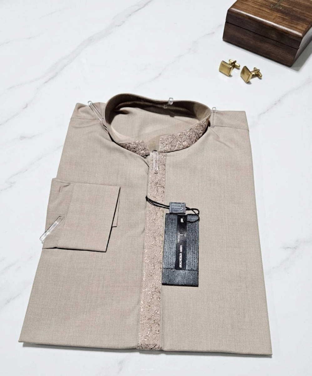 J. Men’s Luxury Light Brown Embroidered Kurta Trouser Suit
