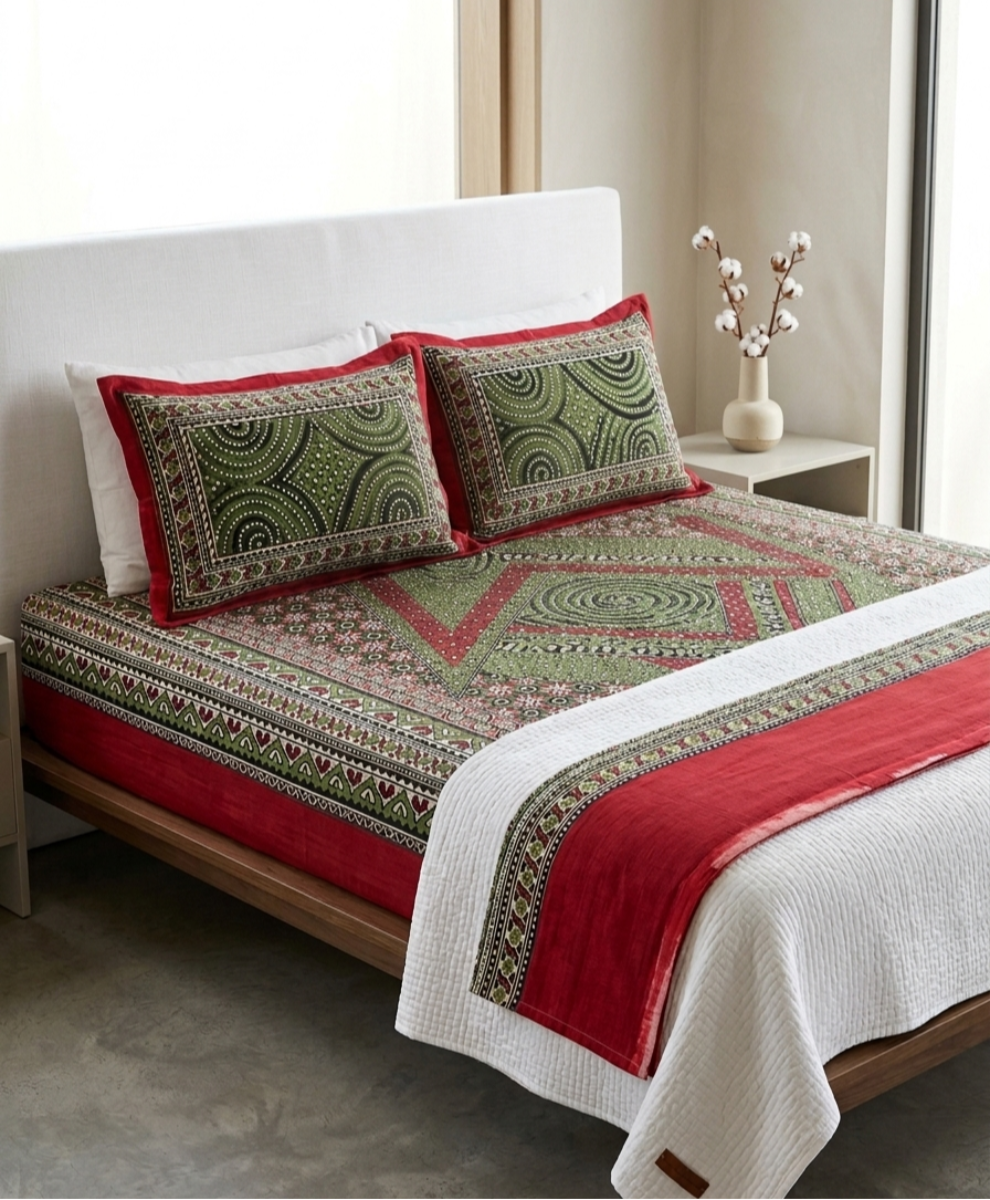 Handblock Print Cotton Bedsheet Set with Unstitched Pillow Covers