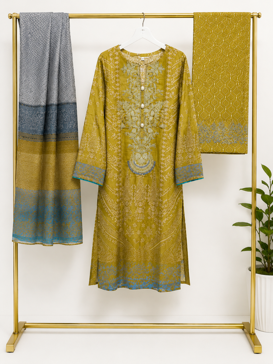 Embroidered 3-Piece Lawn Suit – Mustard & Grey Traditional Printed Set