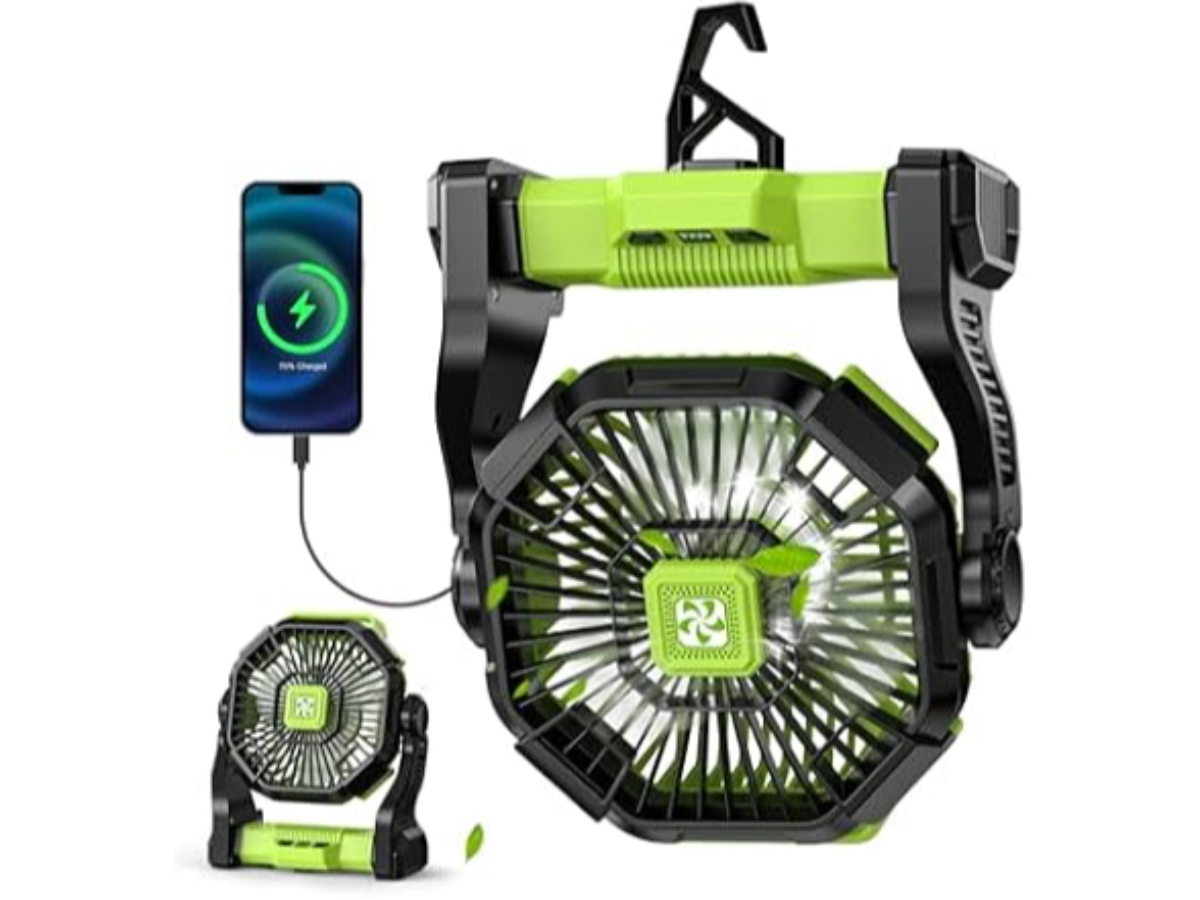 3-in-1 Portable Rechargeable Camping Fan with LED Light & Power Bank – 12000mAh Battery