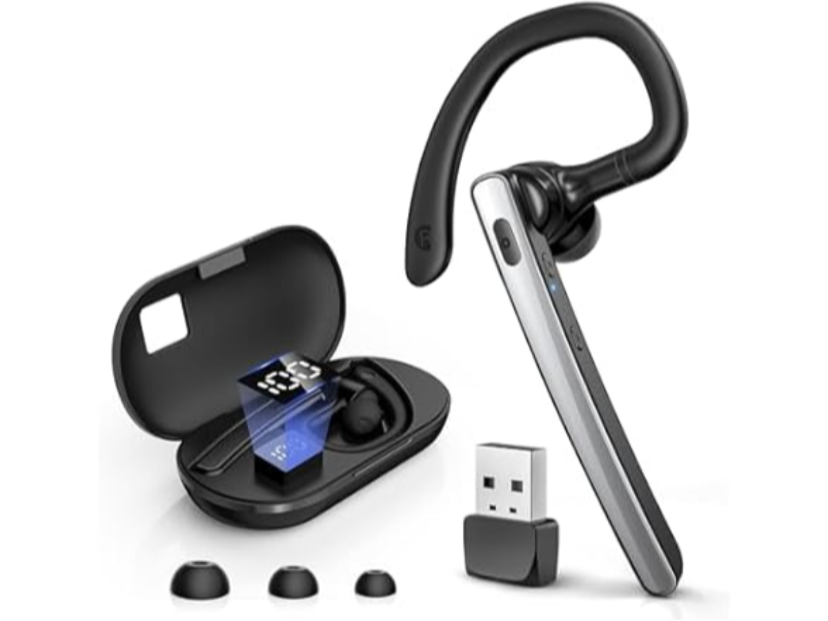 (NEW) TERUNSOUl Bluetooth Wireless Headset V5.3 - 600mAh Charging Case, 110H Playtime, Hands Free Headset for Cell Phone and Computer with Built-in Microphone for Work, Trucker, Office