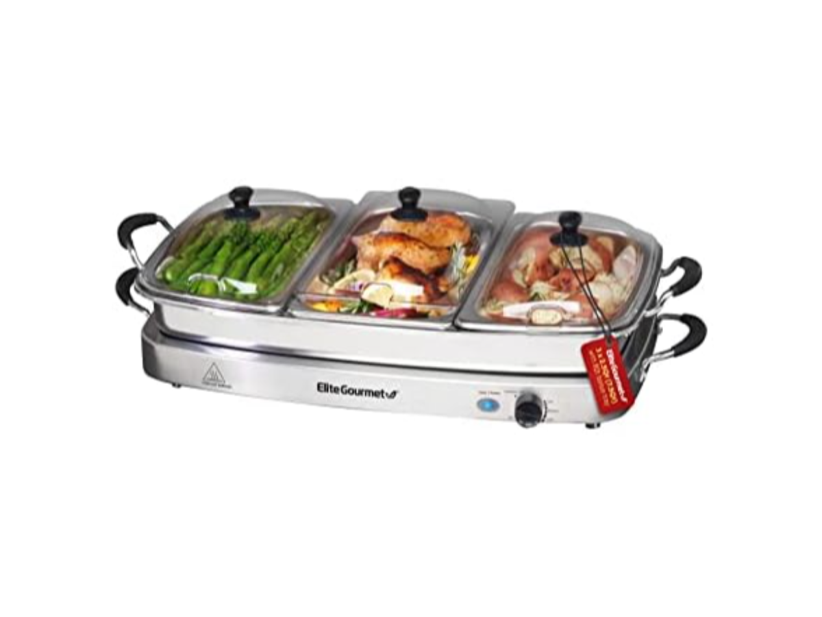 Elite Gourmet EWM-9933 Triple Buffet Server 7.5 Qt Stainless Steel Food Warmer with Temperature Control